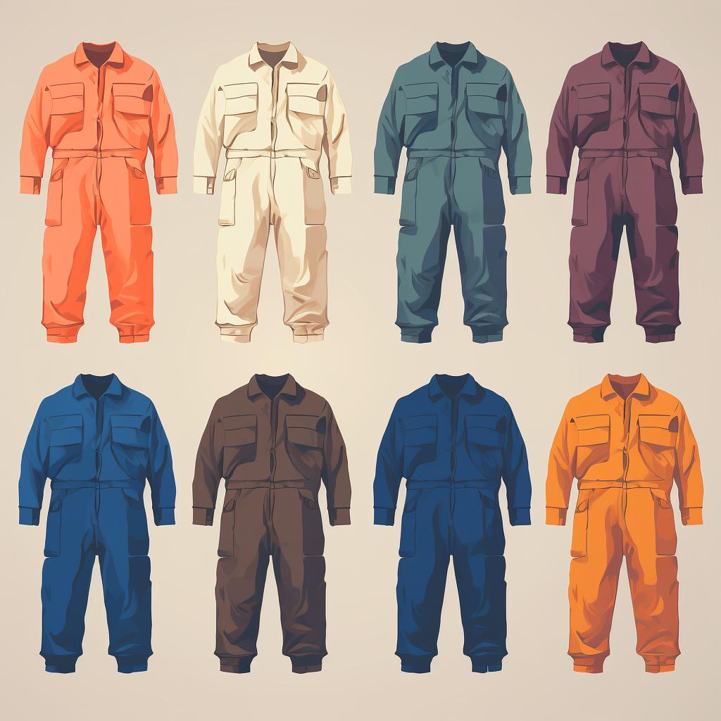 A palette of different colored coveralls